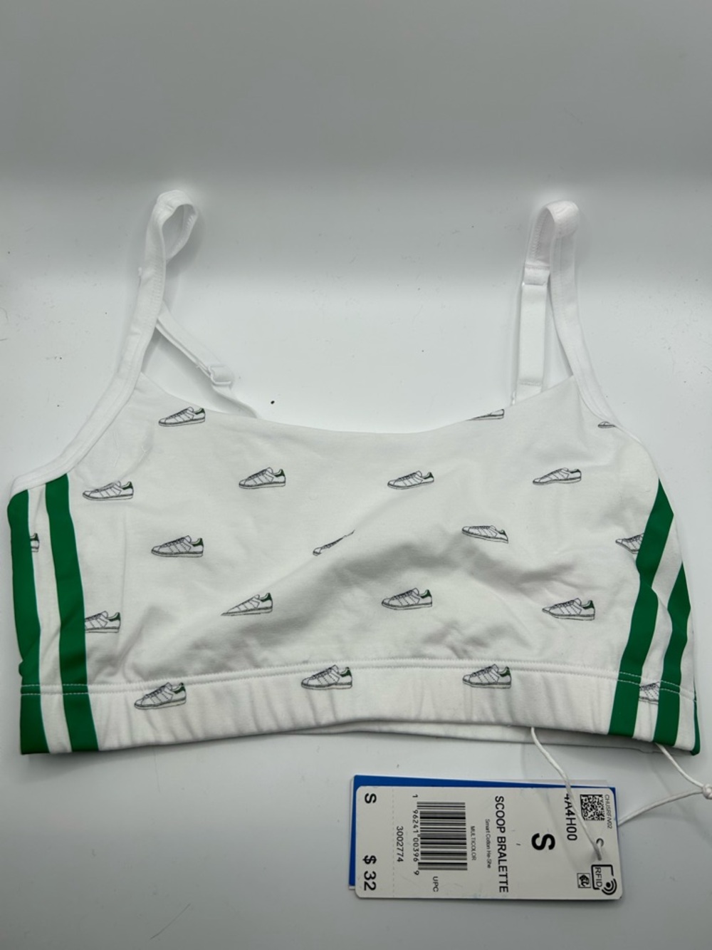 Adidas white and green sneaker print scoop bralette size small NWT